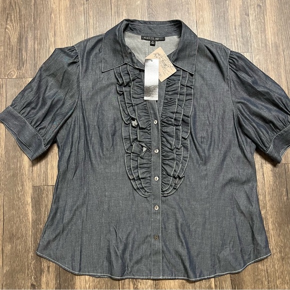 NWT Lafayette 148 Short Sleeves Ruffle Front Button Down Blouse Shirt Gray XL - Picture 5 of 11